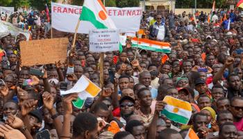 Nigerien demonstrators gather to protest ECOWAS sanctions, August 2023 (ISSIFOU DJIBO/EPA-EFE/Shutterstock)