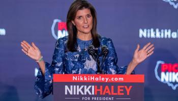 Former UN Ambassador Nikki Haley speaks on primary night, Concord, New Hampshire, January 23 (Amanda Sabga/UPI/Shutterstock)