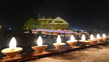 The new temple in Ayodhya illuminated following its inauguration on January 22 (Deepak Gupta/Hindustan Times/Shutterstock)