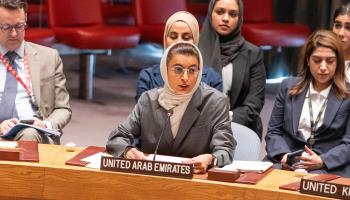UAE's minister of state speaking at a UNSC meeting, August 2023 (Shutterstock)