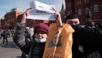 An anti-war protester in Moscow, February 2022 (Anton Anton Karliner/SIPA/Shutterstock)