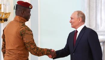 Russia's President Vladimir Putin meets with Interim President of Burkina Faso Ibrahim Traore in 2023 (APAImages/Shutterstock)