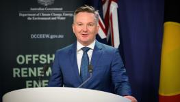 Energy Minister Chris Bowen speaking at a press conference in Sydney on offshore wind, August 5, 2022 (JAMES GOURLEY/EPA-EFE/Shutterstock)