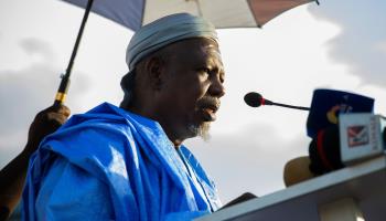 Imam Mahmoud Dicko speaks at a mass rally in Mali, August 2020 (H DIAKITE/EPA-EFE/Shutterstock)