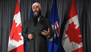 NDP leader Jagmeet Singh speaks on pharmacare at the party’s three-day retreat in Edmonton, January 25, 2024 (Artur Widak/NurPhoto/Shutterstock)