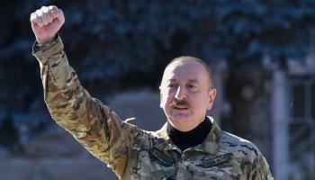 President of Azerbaijan Ilham Aliyev, presides over a military parade in Nagorno-Karabakh, November 2023 (STRINGER/EPA-EFE/Shutterstock)