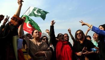 Pakistan Tehreek-e-Insaf party supporters protesting over alleged rigging at the general election (Sohail Shahzad/EPA-EFE/Shutterstock)