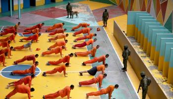 Inmates perform exercises at Cotopaxi prison in Latacunga, Ecuador. February 22, 2024 (Jose Jacome/EPA-EFE/Shutterstock)