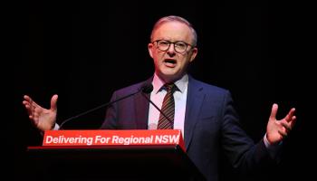 Prime Minister Anthony Albanese addressing the New South Wales Labor party in Nowra, New South Wales, February 18, 2024 (DEAN LEWINS/EPA-EFE/Shutterstock)