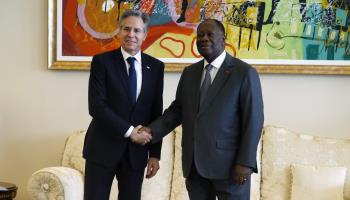 President Alassane Ouattara of the Ivory Coast (R), receives Secretary of State Antony Blinken (L) in Abidjan, January 23, 2024 (LEGNAN KOULA/EPA-EFE/Shutterstock)