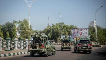 Nigerian troops on patrol in Maiduguri, capital of Borno State, 2021 (Sally Hayden/SOPA Images/Shutterstock)