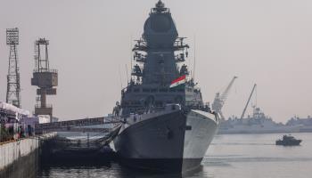A new warship following its commissioning ceremony at Mumbai’s Naval Dockyard in December (Niharika Kulkarni/NurPhoto/Shutterstock)