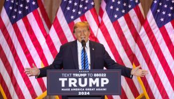 Donald Trump speaks to supporters watching election returns at Mar-a-Lago, Palm Beach, Florida, March 5, 2024 (CRISTOBAL HERRERA-ULASHKEVICH/EPA-EFE/Shutterstock)