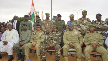 Members of Niger's junta join demonstration against French military presence, October 2023 (ISSIFOU DJIBO/EPA-EFE/Shutterstock)