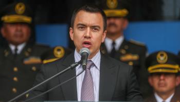 Noboa speaks at the Police School in Quito. January, 2024 (José Jácome/EPA-EFE/Shutterstock)