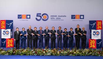 Leaders holding hands for the official family photo at last week’s ASEAN-Australia Special Summit in Melbourne (George Chan/SOPA Images/Shutterstock)