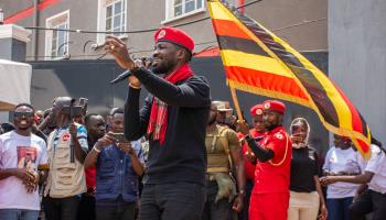NUP leader Bobi Wine addresses the press outside NUP party headquarters, Kampala, January 26, 2024 (Isaac Kasamani/EPA-EFE/Shutterstock)