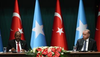 Caption: Somali President Hassan Sheikh Mohamud and Turkish President Recep Tayyip Erdogan meet in Ankara, July 6, 2022 (CHINE NOUVELLE/SIPA/Shutterstock)