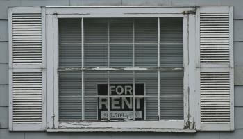 A ‘for rent’ sign in a window in Edmonton, Alberta, August 2023 (Artur Widak/NurPhoto/Shutterstock)
