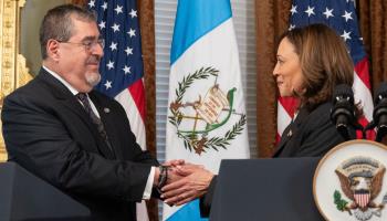 Arevalo and Harris shake hands after making statements in Washington on March 25, 2024 (Ron Sachs/UPI/Shutterstock)