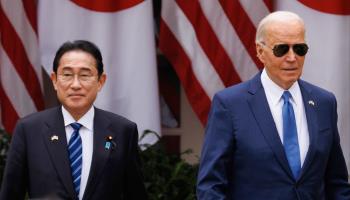 Japanese Prime Minister Fumio Kishida (left) and US President Joe Biden (right) at a joint press conference in the White House (Aaron Schwartz/NurPhoto/Shutterstock)