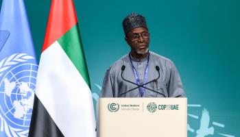 Nigerian Environment Minister Balarabe Abbas Lawa gives speech at COP28 Summit in Dubai, December 2023 (Dominika Zarzycka/NurPhoto/Shutterstock)