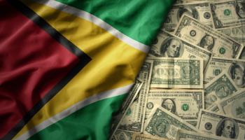 A Guyanese flag and US dollar banknotes (Shutterstock/esfera)