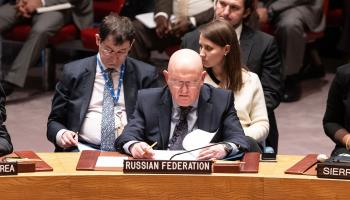 Ambassador Vassily Nebenzia of Russia attends an emergency UN Security Council meeting on the Middle East (Lev Radin/Pacific Press/Shutterstock)