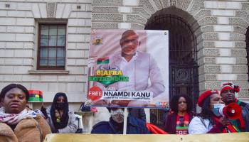 Demonstrators in London calling for the release of Nigerian separatist leader Nnamdi Kanu from prison in Nigeria, January 2022 (Vuk Valcic/SOPA Images/Shutterstock)