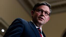 House Speaker Mike Johnson emerges from a closed-door meeting with Ukraine’s President Volodymyr Zelensky on Capitol Hill, Washington DC, December 12, 2023 (Julia Nikhinson/UPI/Shutterstock)