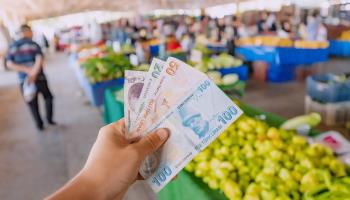 Turkish lira banknotes held at a market (Shutterstock)