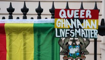 An LGBTQ+ rights poster placed outside the Ghanaian High Commission in London, March 2024 (Andy Rain/EPA-EFE/Shutterstock)