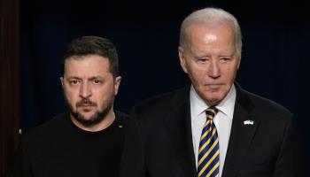 US President Joe Biden (R) stands with Ukrainian President Volodymyr Zelensky (L) at the White House, December 12, 2023 (MICHAEL REYNOLDS/EPA-EFE/Shutterstock)