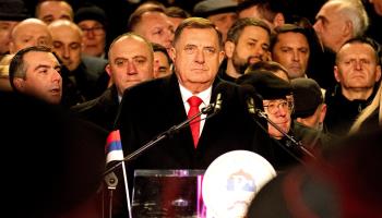 Republika Srpska President Milorad Dodik speaking at a parade in January to mark the 32nd anniversary of the ‘Day of Republika Srpska’ (Fehim Demir/EPA-EFE/Shutterstock)