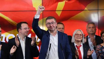 VMRO-DPMNE leader Hristijan Mickoski celebrating the party’s election results (Georgi Licovski/EPA-EFE/Shutterstock)