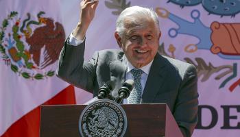 AMLO speaks at a ceremony marking Mexico’s 86th anniversary of oil expropriation. Mexico City, March 18 2024 (Isaac Esquivel/EPA-EFE/Shutterstock)