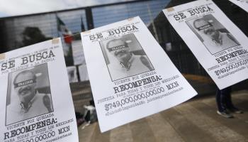 Fake ‘wanted’ posters depicting former President Vicente Vox, displayed by supporters of AMLO’s referendum on investigating past presidents for corruption. Mexico City, 2021 (Sashenka Gutierrez/EPA-EFE/Shutterstock)