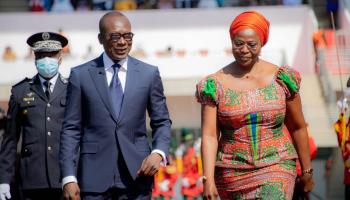 Beninese President Patrice Talon and First Lady Claudine Talon at swearing-in ceremony for Talon's second term of office, May 2021(Chine Nouvelle/SIPA/Shutterstock)