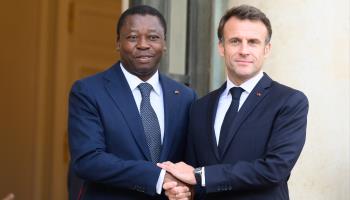Togolese President Faure Gnassingbe with French President Emmanuel Macron in Paris, May 2023 (Jacques Witt/SIPA/Shutterstock)