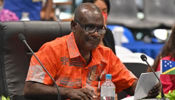 Solomon Islands Prime Minister Jeremiah Manele, pictured while foreign minister at a Pacific Islands Forum meeting, November 7, 2023 (Mick Tsikas/EPA-EFE/Shutterstock)