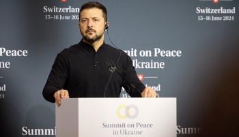 President Volodymir Zelensky speaking at the Summit on Peace in Ukraine (ABACA/Shutterstock)