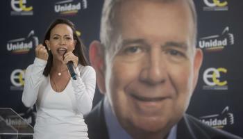 Maria Corina Machado campaigning for opposition candidate Edmundo Gonzalez Urrutia (Miguel Gutierrez/EPA-EFE/Shutterstock)