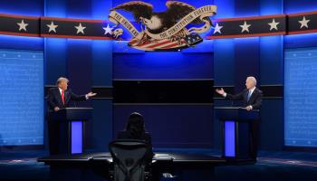 Donald Trump and Joe Biden engage in a televised debate, October 22, 2020 (Kevin Dietsch/UPI/Shutterstock)
