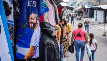 A shirt displaying an image of Bukele seen at a street market (Camilo Freedman/SOPA Images/Shutterstock)