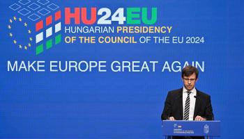 European Affairs Minister Janos Boka presenting Hungary’s priorities for the EU Council presidency, 18 June 2024 (Peter Lakatos/EPA-EFE/Shutterstock)