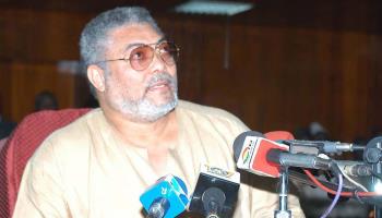 Ghana’s former President Jerry Rawlings speaking at the Reconciliation Commission in Accra, February 2004 (William Sakyi-Offei/EPA/Shutterstock)
