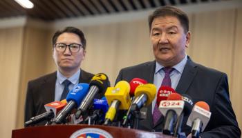 Chief Election Officer P Narandelger (right) presents the preliminary results of Mongolia’s parliamentary elections in Ulaanbaatar (Byambasuren Byamba-Ochir/EPA-EFE/Shutterstock)