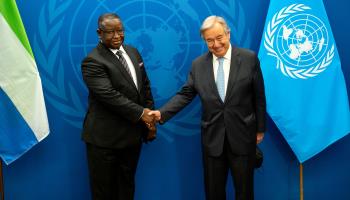 Sierra Leone’s President Julius Maada Bio shakes hand with UN Secretary-General Antonio Guterres, New York, September 2022 (Craig Ruttle/POOL/EPA-EFE/Shutterstock)