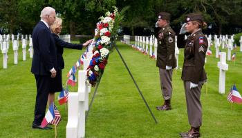 President Joe Biden and First Lady Jill Biden visit the Normandy American Cemetery on the 80th anniversary of D-Day, June 6, 2024 (US Embassy France/UPI/Shutterstock)