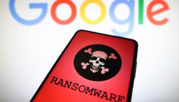 A ransomware representation with the Google logo in the background (Rafael Henrique/SOPA Images/Shutterstock)